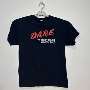 Vtg D.A.R.E. Drugs‎ Logo Graphic Print Black Unisex T-Shirt Crew Short Sleeve M